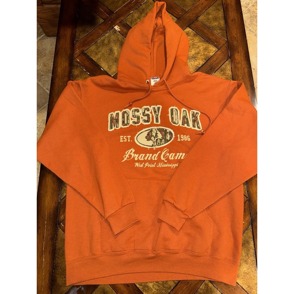 Mossy Oak Hoodie Mens Large Orange Pullover Graphic Sweatshirt Long Sleeve